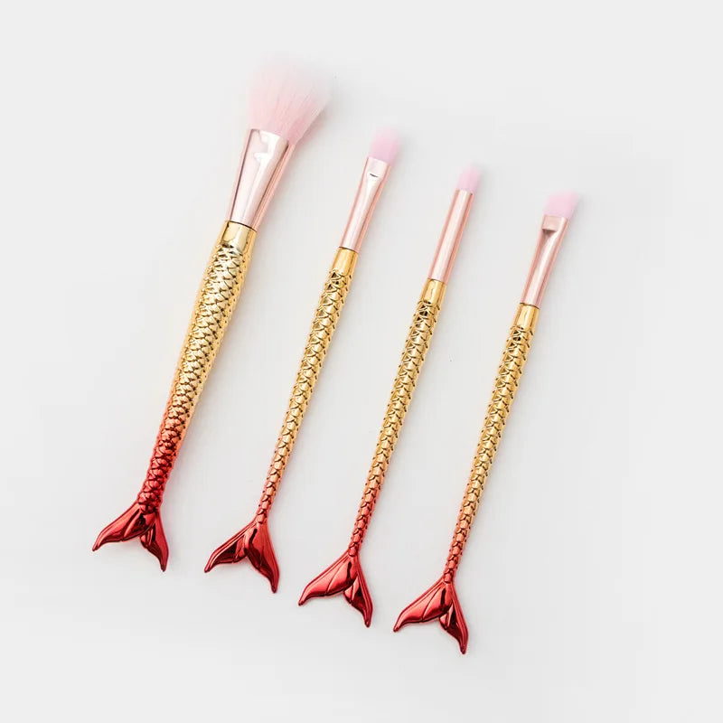 4 Conjunto de pincéis de sereia para maquiagem, blush, contorno, pó, sombra
