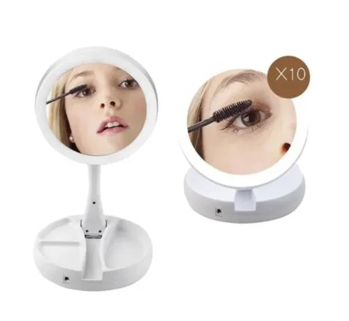 Espelho de maquiagem aumenta 10x luz dupla Led USB