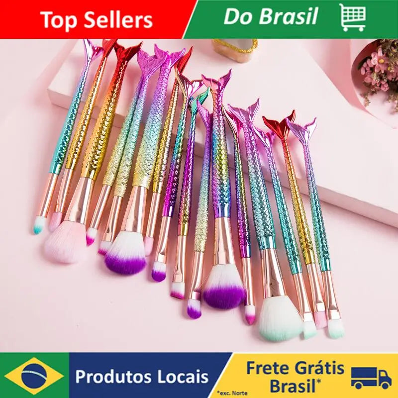 4 Conjunto de pincéis de sereia para maquiagem, blush, contorno, pó, sombra