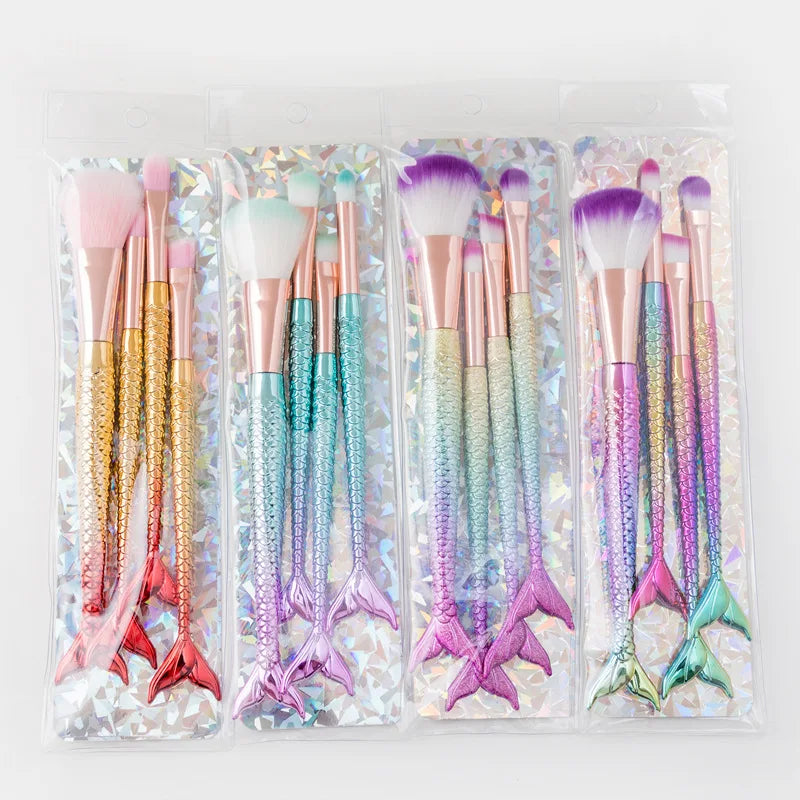 4 Conjunto de pincéis de sereia para maquiagem, blush, contorno, pó, sombra
