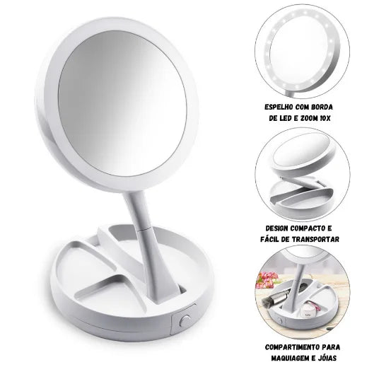 Espelho de maquiagem aumenta 10x luz dupla Led USB