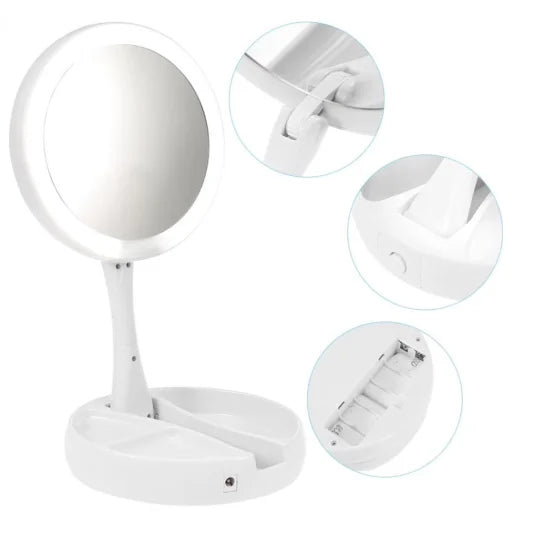 Espelho de maquiagem aumenta 10x luz dupla Led USB