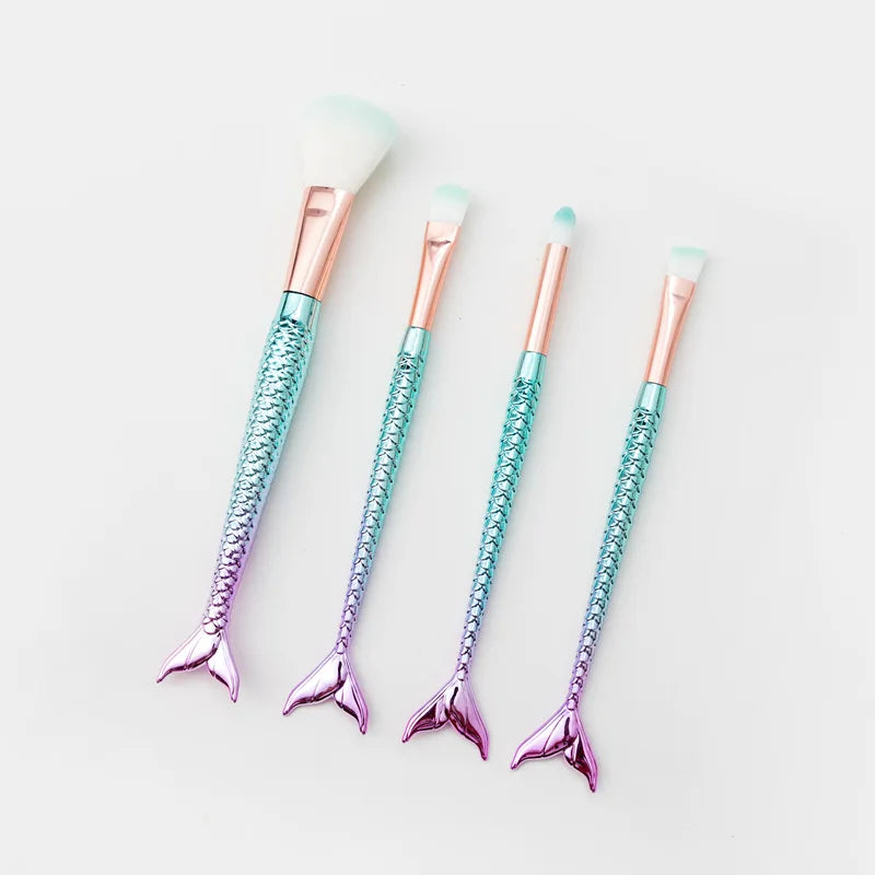 4 Conjunto de pincéis de sereia para maquiagem, blush, contorno, pó, sombra