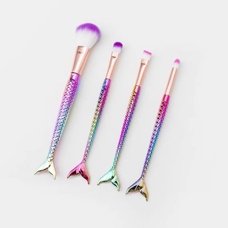 4 Conjunto de pincéis de sereia para maquiagem, blush, contorno, pó, sombra