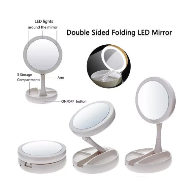 Espelho de maquiagem aumenta 10x luz dupla Led USB